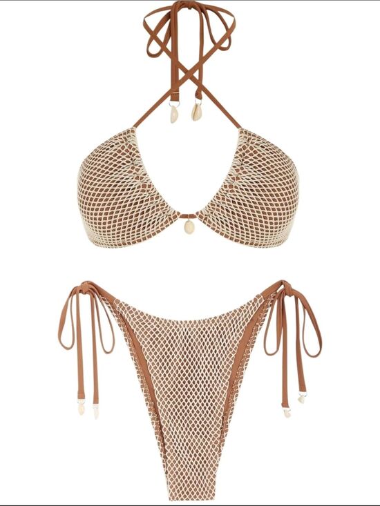semoly Other - Womens Brown White Fishnet Gold Seashell Faux Pearl Cheeky Bikini Set Size Small